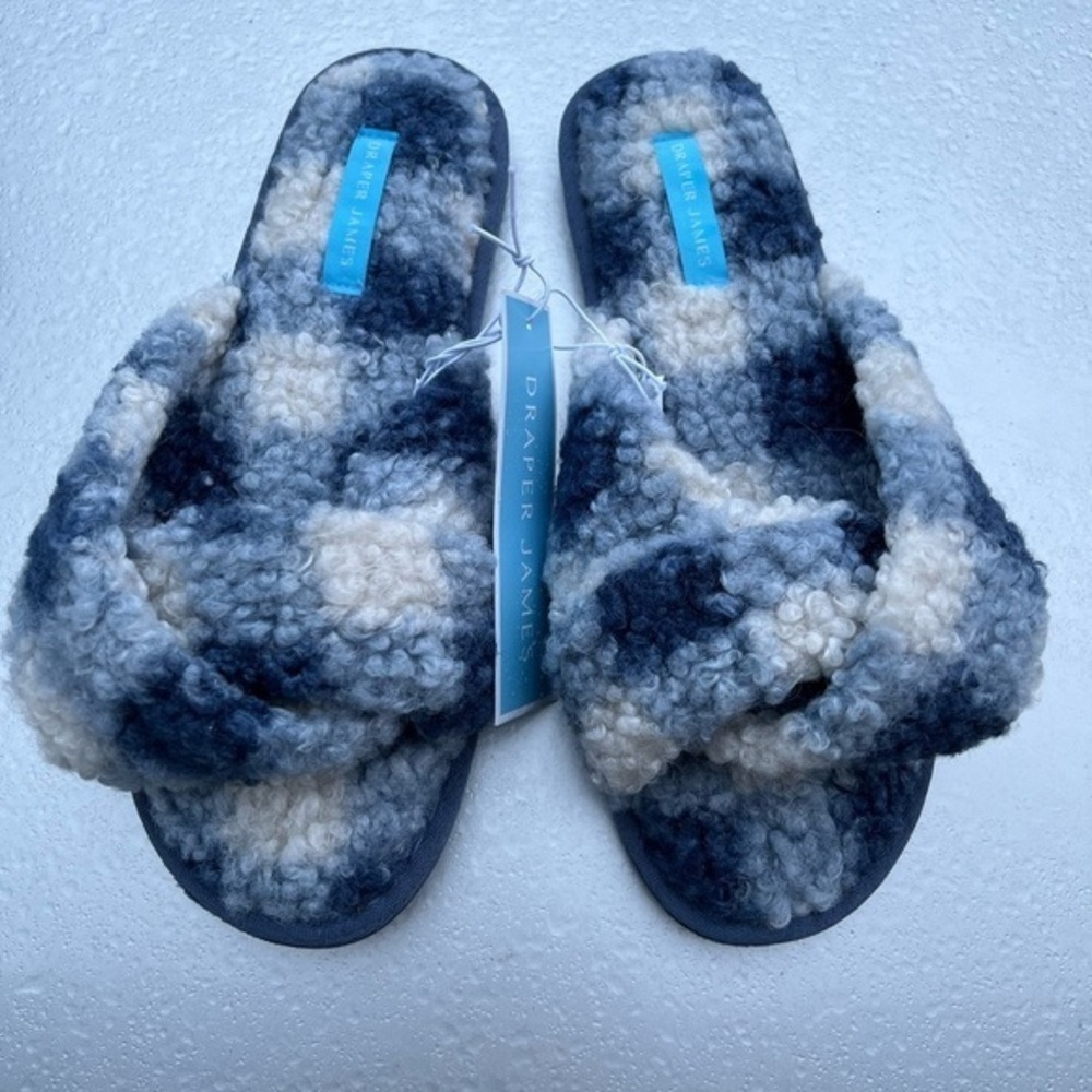 🆕 Draper James NWT Classic Blythe Navy Fuzzy Gingham Slippers Great Easter Gift